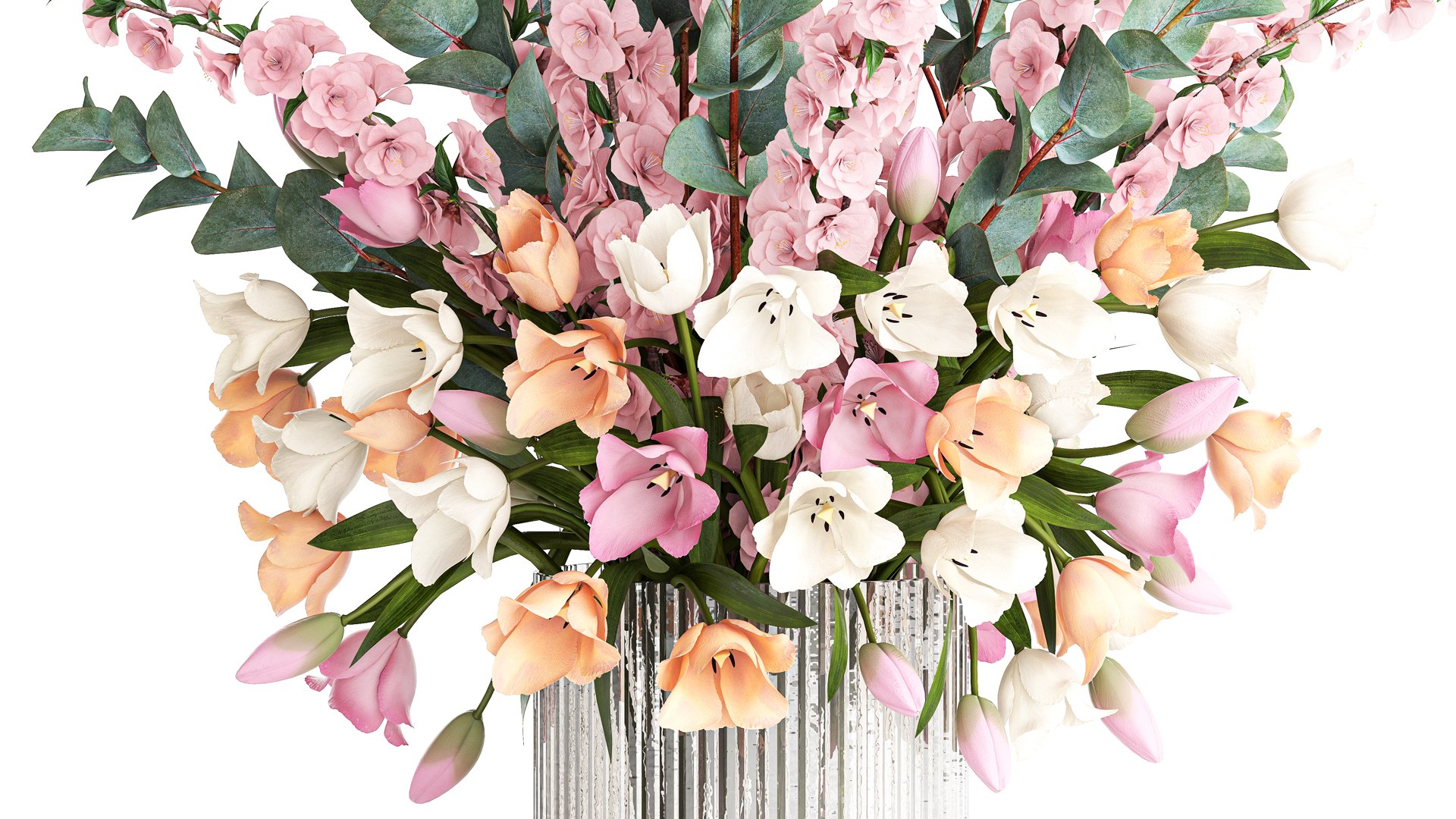 3D Bouquet Of Sakura Branches With Pink Tulips Flowers 377 - TurboSquid ...