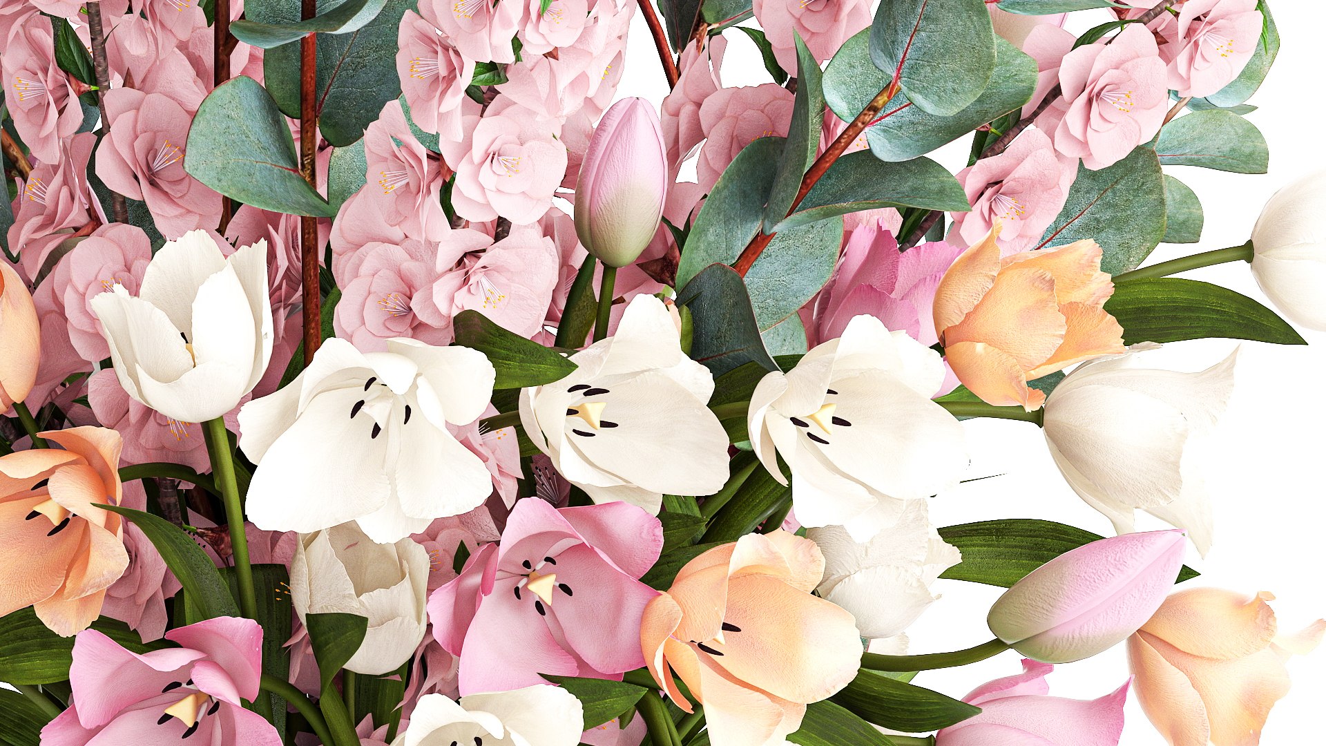3D Bouquet Of Sakura Branches With Pink Tulips Flowers 377 - TurboSquid ...