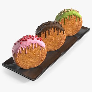 Round Croissant Pastry with Three Glazed Flavors on Tray 3D model