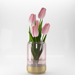 Pink tulips bouquet in a vase 3D model