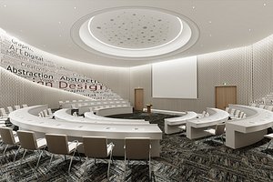 3D Futuristic Conference Room with Abstract Wall and Sleek Design