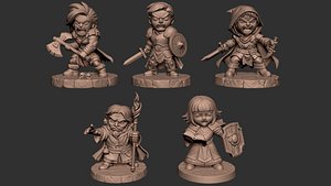 Chibi Fantasy Adventurer Party 5 Stylized RPG Miniatures 3D model