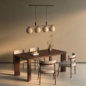 Modern Solid Wood Dining Table Chair Set With Lighting 3D model