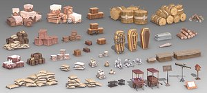 Scene Build flag street light bonfire cooking pot haystack sandbag gold coins 3D