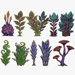 Stylized Sci-Fi Cyberpunk Alien Plants Vegetation Herb Grass Flower Mushroom