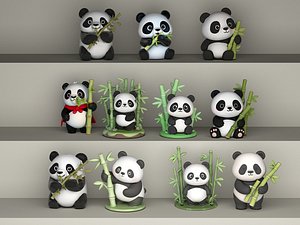 3D 12 Cute Stylized Cartoon Giant Panda Bamboo Figurine model
