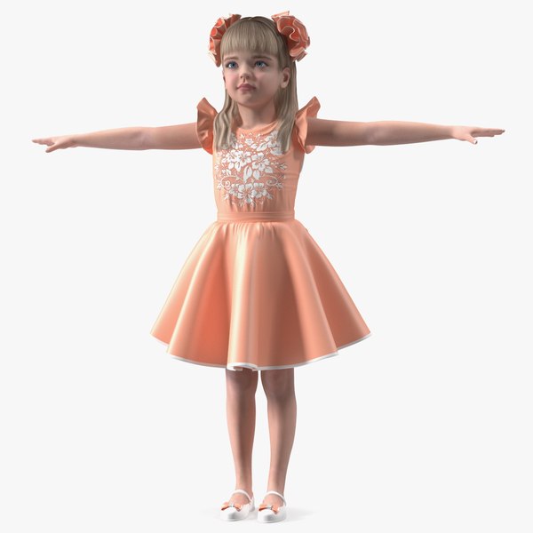 3D Little Girl Beautiful Dress T-Pose model