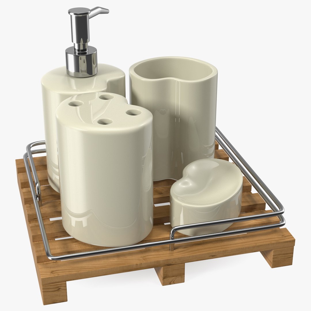Bathroom Accessory Set Wooden Rack 3D model preview