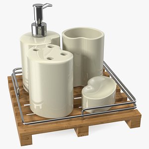 Bathroom Accessory Set Wooden Rack 3D