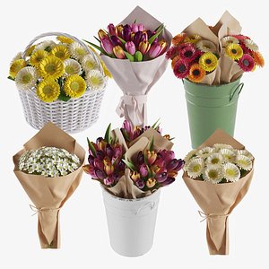 Flowers In Bucket And Bouquets Set
