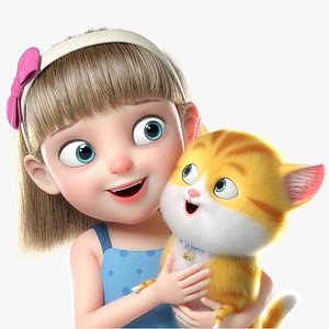 Cartoon Girl And Cat Rigged