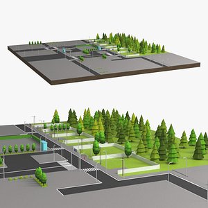 Low Poly City Block with Forest Zone 3D model