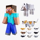Коллекция анимированных 3D-моделей кота Стива Волка из Minecraft, готовых к использованию в играх, разрешение 4K, PBR.