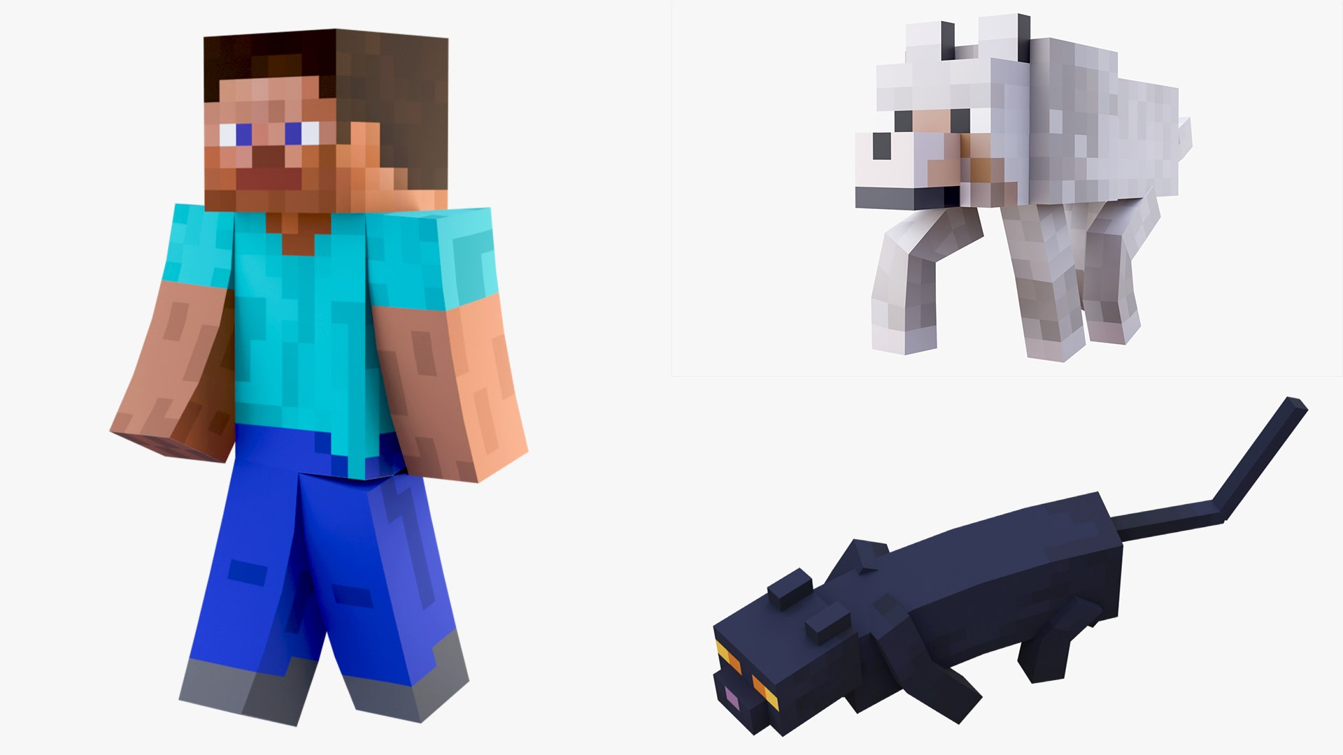 3D model Minecraft Steve Wolf Cat Companions Rigged Collection 3D Model Game Ready 4K PBR https://p.turbosquid.com/ts-thumb/XU/HMTIZb/wT/stevedogcat3/png/1789040350/1920x1080/fit_q87/a53ec0f9e9c4819175b4dc1210c5a7340d27564c/stevedogcat3.jpg