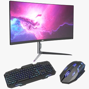 Computer Monitor With Keyboard And Mouse 3D model