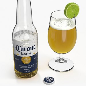 Opened Beer Bottle Corona with Glass and Lime