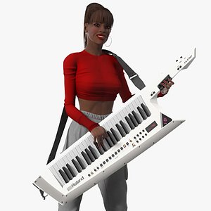 Dark Skin Woman with Roland AX Edge Keytar Rigged for Cinema 4D 3D model