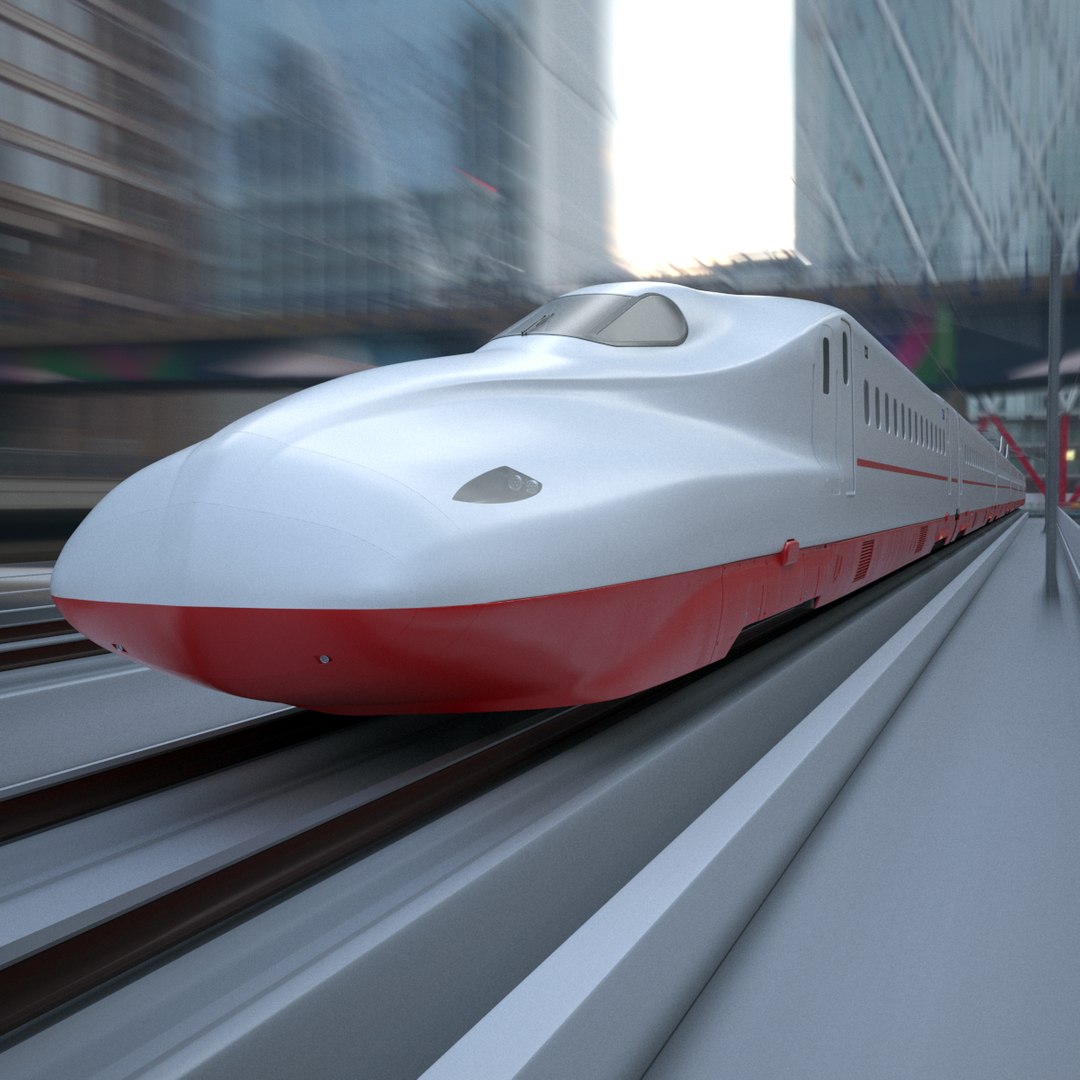 Modern Streamlined Passenger Train with Interior on Railway 3D model preview