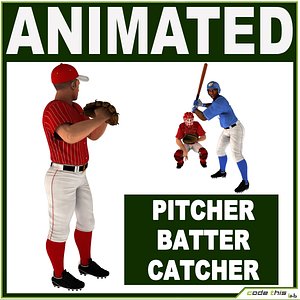 Three Baseball Players white CATCHER black BATTER and White PITCHER