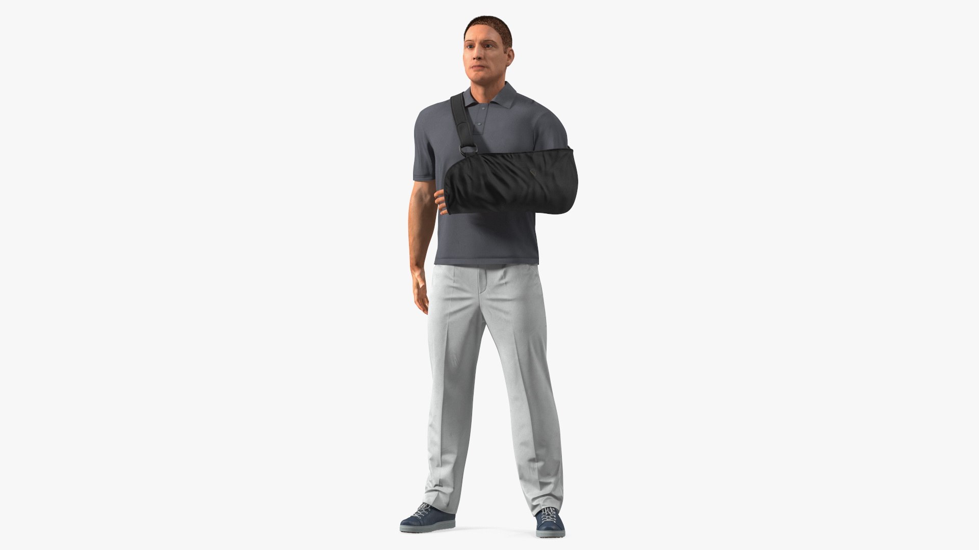 Injured Man Wearing Arm Sling Rigged for Maya 3D model preview