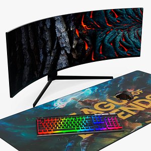 League of Legends Gaming Setup with Curved Monitor and RGB Keyboard 3D model