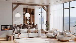 Modern Living Room and Dining Room Interior Scene