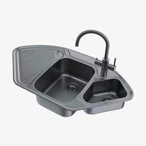 Modern Corner Kitchen Sink Stainless Steel with Faucet 3D Model