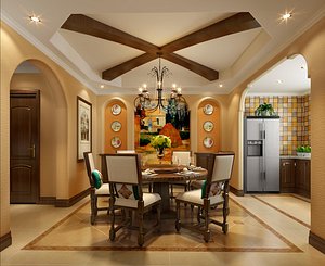 3D 64- American villa living room dining room model