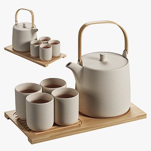Oriental Japanese minimalist beige ceramic tea set 3D