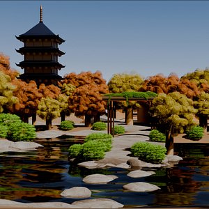 3D Japanese Temple Village  Peaceful 3D Environment model