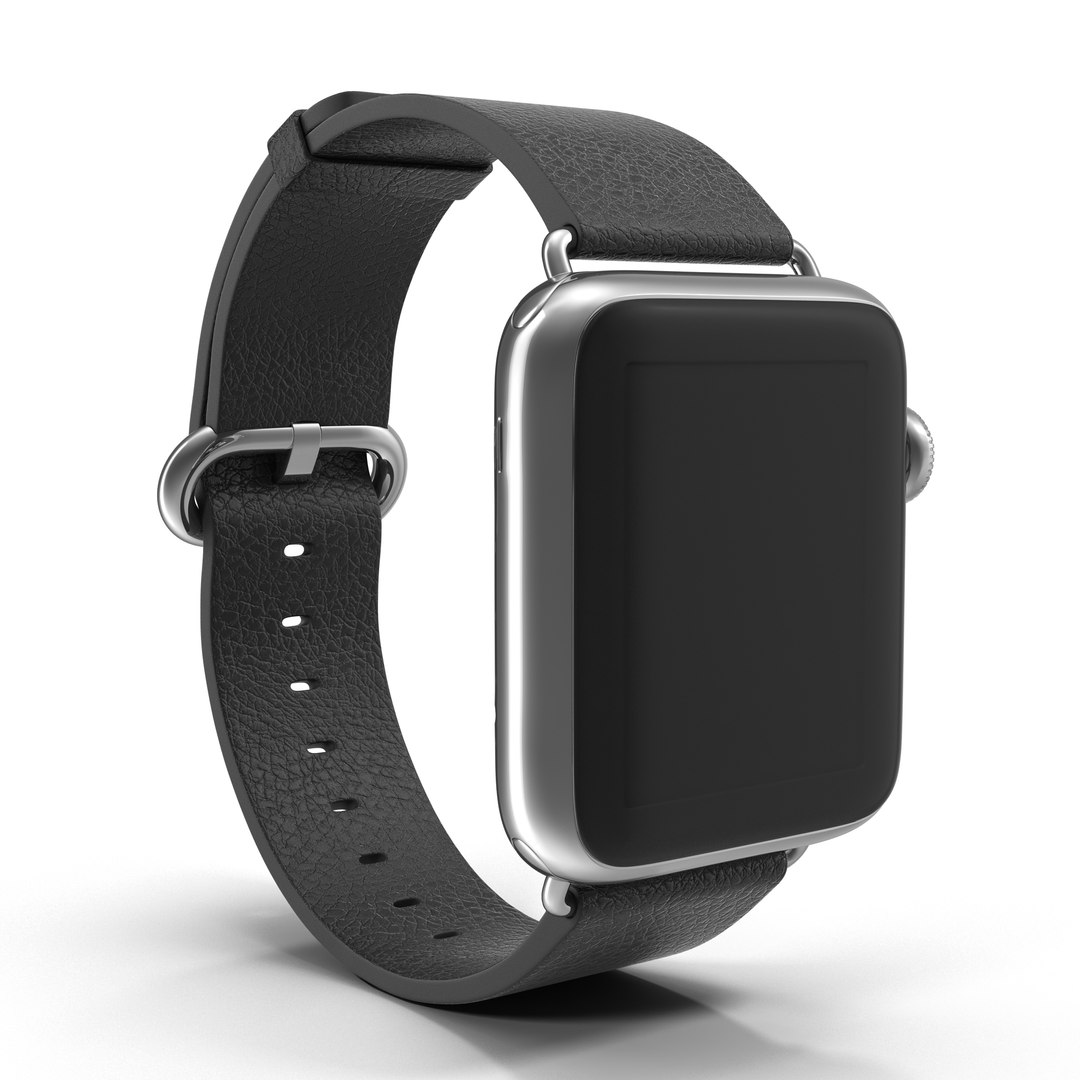 Apple Watch 38mm Classic Buckle Black Leather Stainless Steel 3D model preview