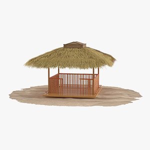 Elevated Beach Gazebo with Bamboo Fence Brown 3D
