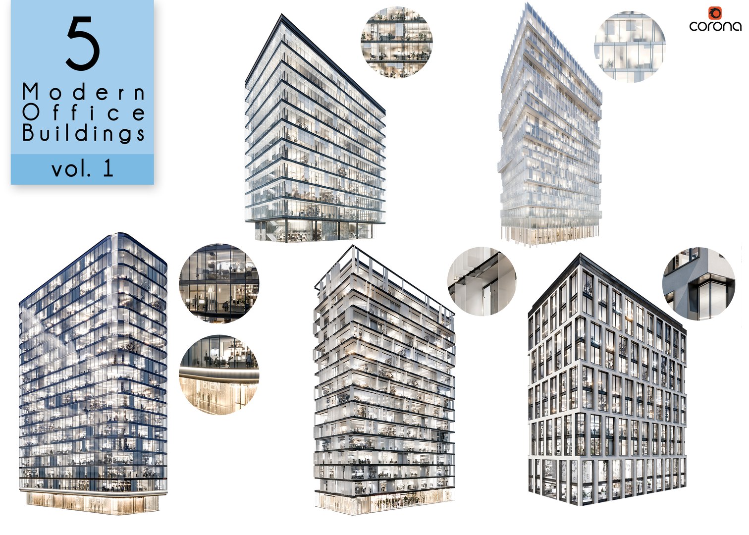 3D Modern Office Buildings Collection Vol1 - 5 Buildings Model ...