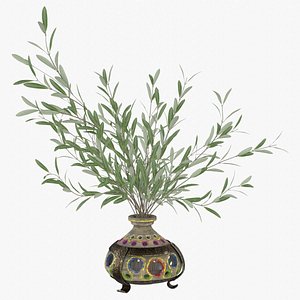 Olive Branches Bouquet in Ancient Vase - Game Asset