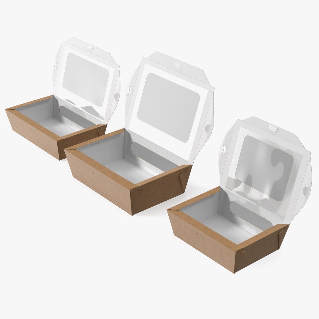 Opened Kraft Food Box with Window Set 3D model preview