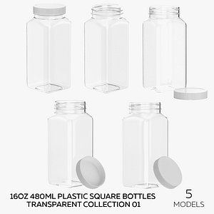 16oz 480ml Plastic Square Bottles Transparent Collection 01 - 5 models 3D model