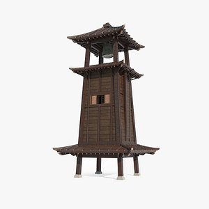 Asian ancient architecture clock tower 3D model