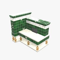 Vintage Green Tiled Masonry Heater with Built-In Bench