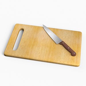 3D Wooden Cutting Board with Kitchen Knife model