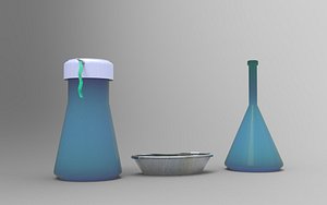 3D Flask labeled jar and steel tray model