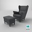 3D IKEA Strandmon Grey Armchair and Pouf model