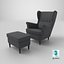 3D IKEA Strandmon Grey Armchair and Pouf model