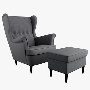 3D IKEA Strandmon Grey Armchair and Pouf model