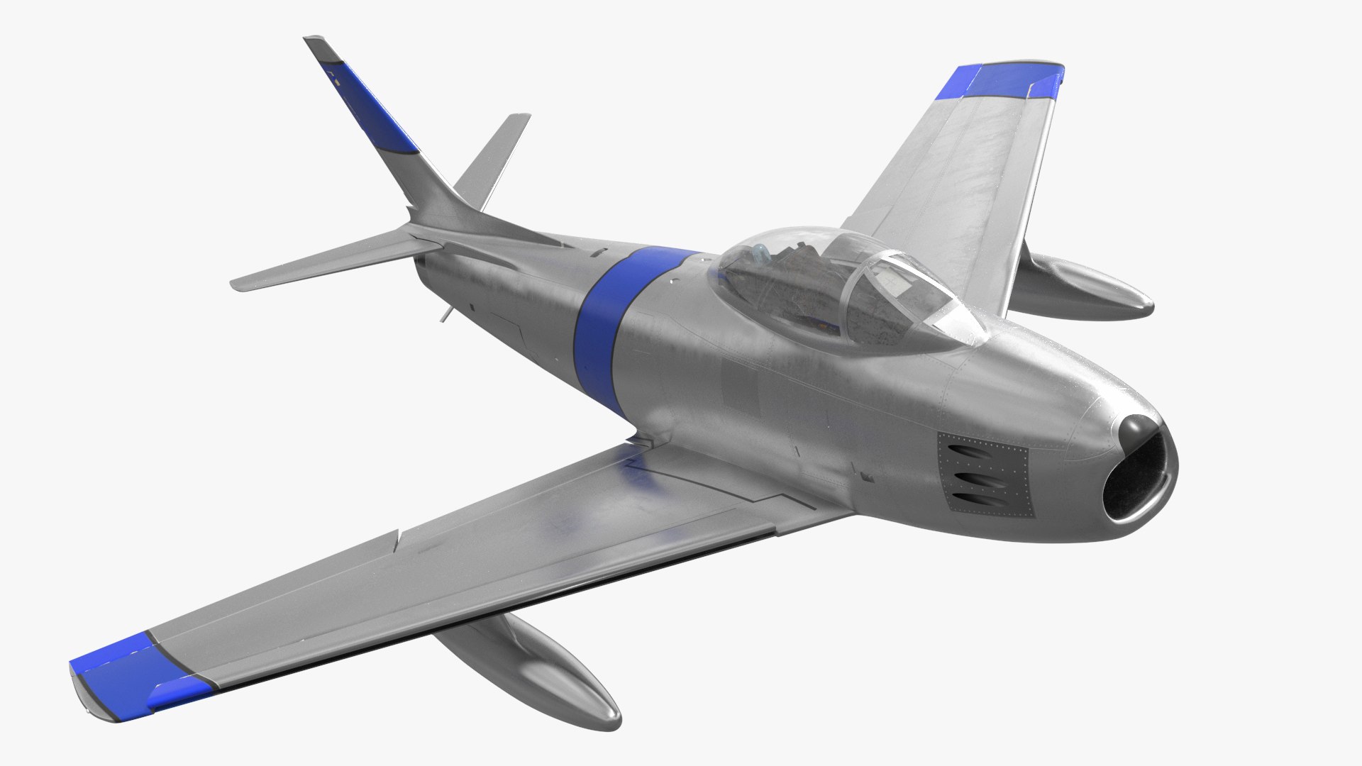 Silver Vintage Military Jet Plane Blue Markings with Interior Rigged for Maya 3D model for aviation visualization, airport scenes, simulation, animation, and cinematic rendering