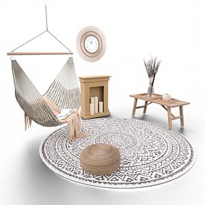 Bohemian Hammock Nook Scene with Fireplace and Natural Decor 3D model