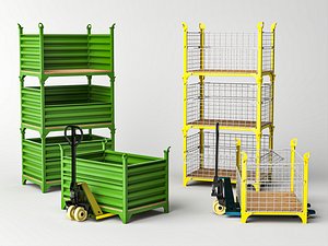 Warehouse Stackable Steel Container  Manual Pallet Jack Asset 3D model