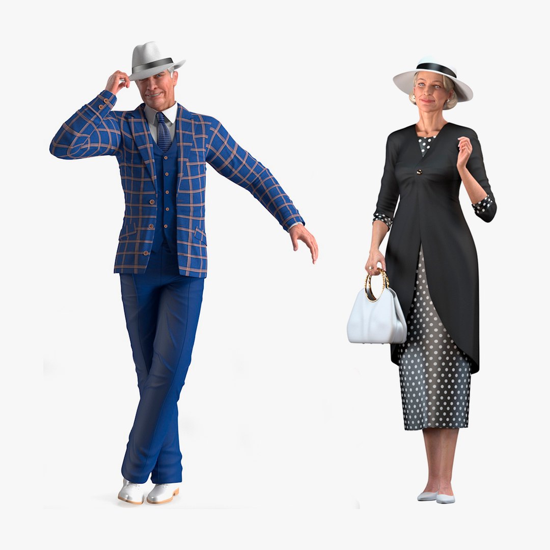 Elderly Woman with Man Wearing Party Dress Collection 3D model preview