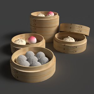 3D Chinese dim sum  bamboo steamer set model