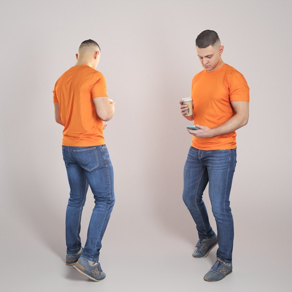 3D model Young man with coffee using smartphone 342