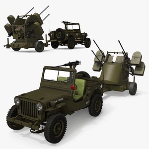 3D Military Jeep with Towed Quad Anti-Aircraft Gun model